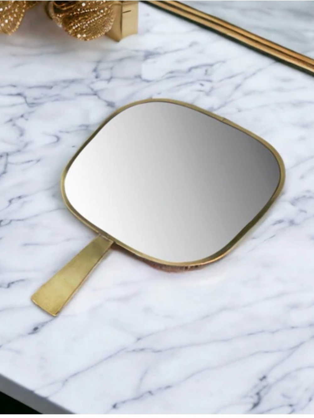 HomeRoots HomArt 11" Golden Brass Square Frame Handheld Mirror 10.75'' H X 7'' W